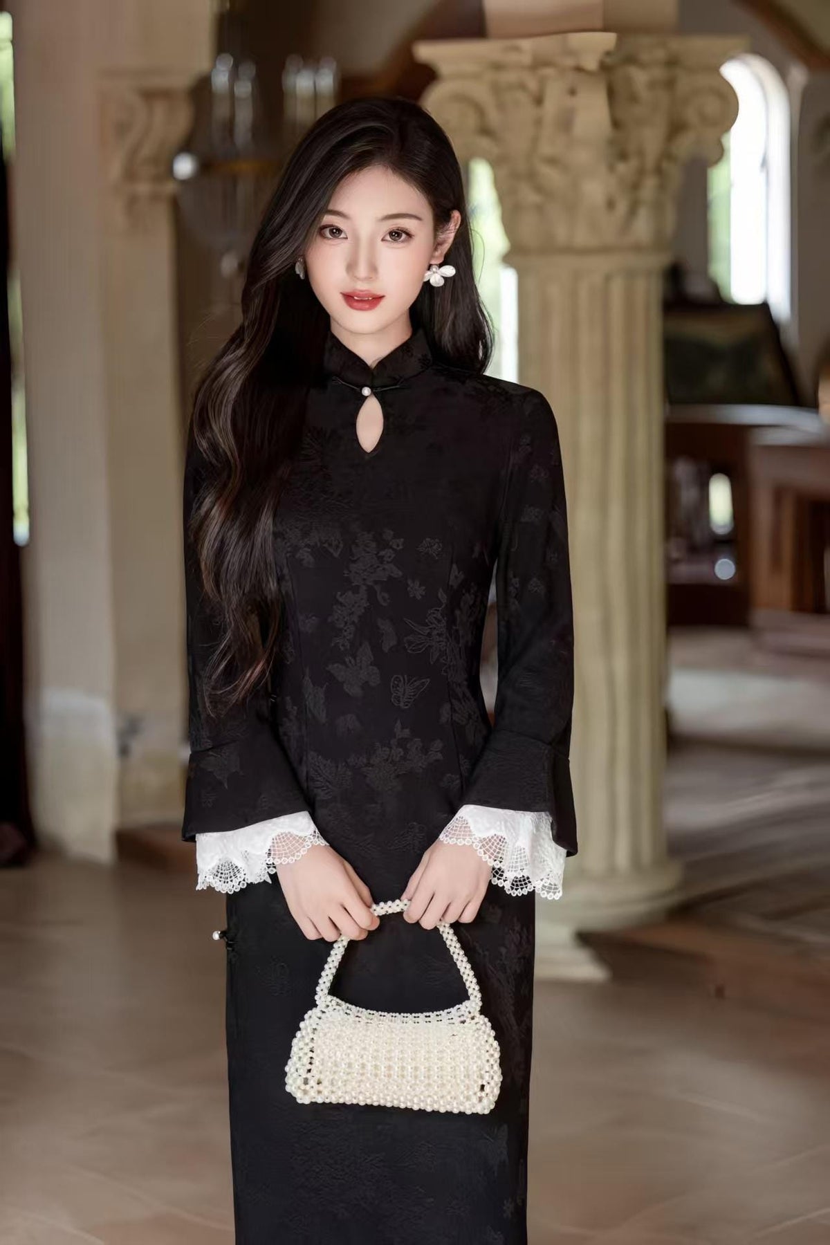 Women's Red Floral Velvet Qipao Cheongsam Dress – Floral Embroidery Fall Winter – additional product view