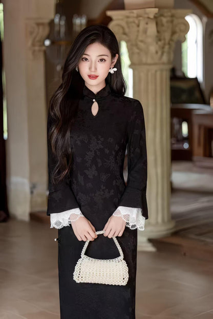Women's Red Floral Velvet Qipao Cheongsam Dress – Floral Embroidery Fall Winter – additional product view