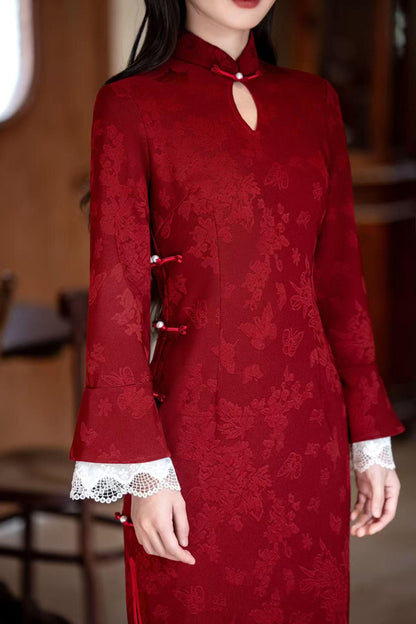 Women's Red Floral Velvet Qipao Cheongsam Dress – Floral Embroidery Fall Winter – additional product view