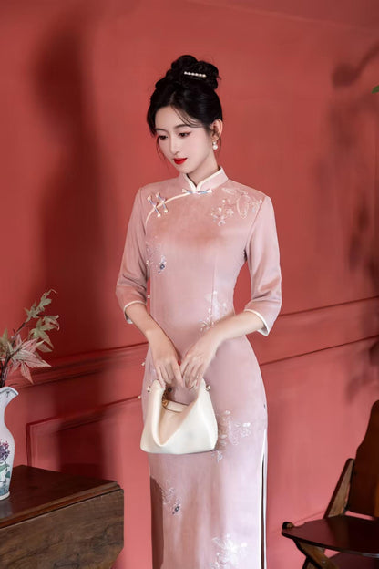 Women's Blue Floral Qipao Cheongsam Dress – Embroidered Winter – additional product view