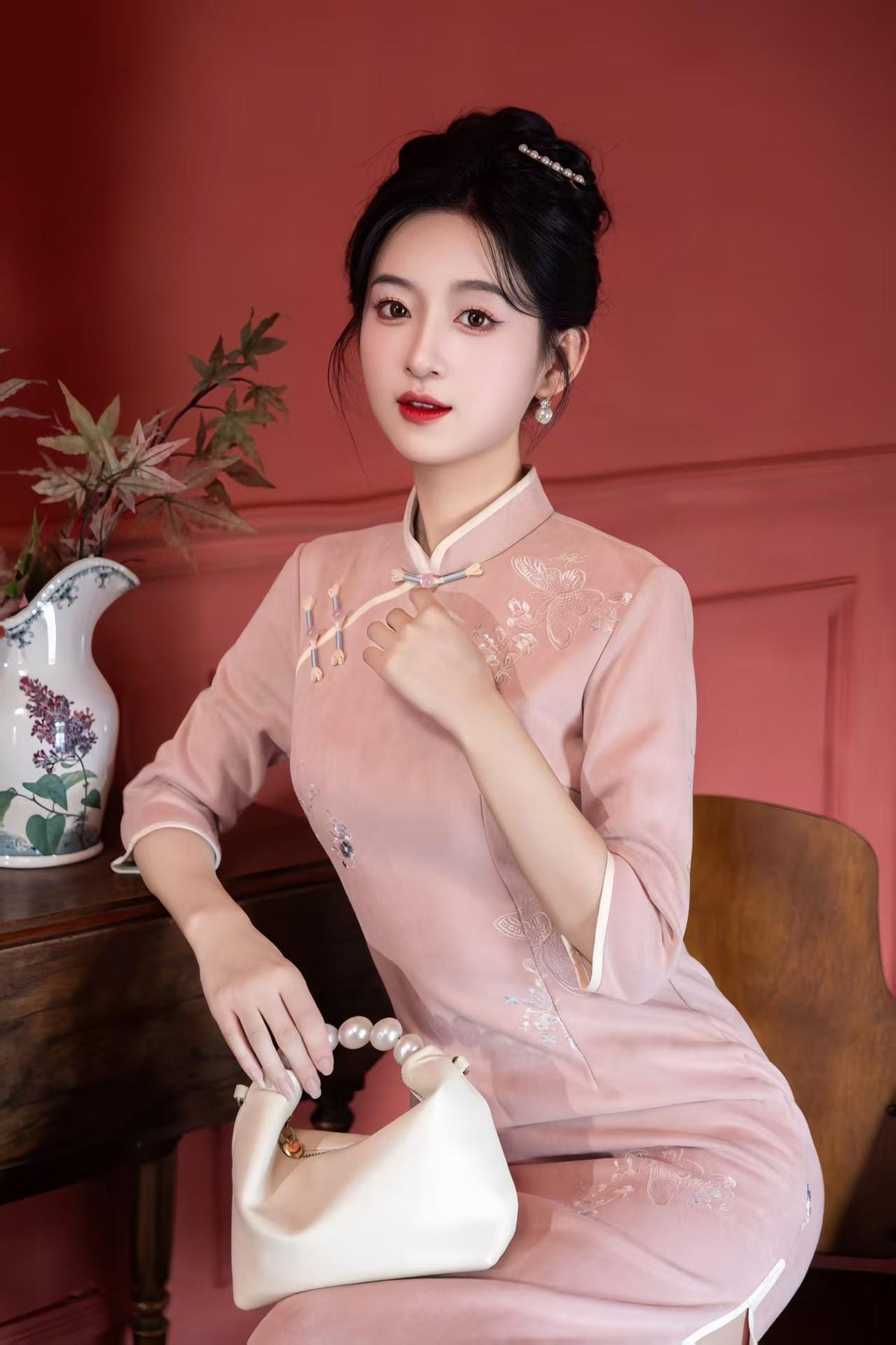 Women's Blue Floral Qipao Cheongsam Dress – Embroidered Winter – additional product view