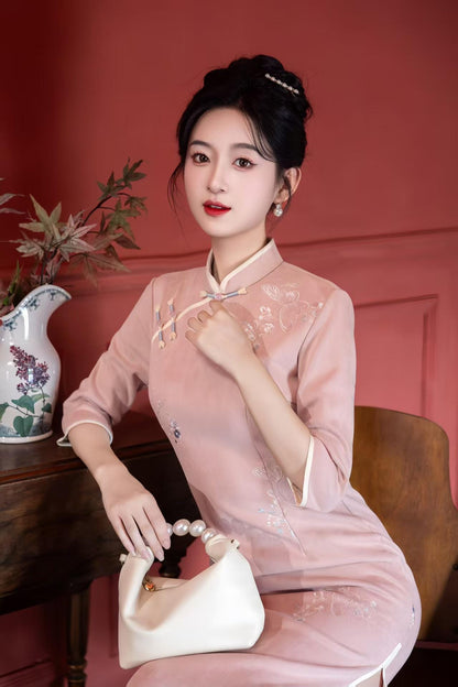 Women's Blue Floral Qipao Cheongsam Dress – Embroidered Winter – additional product view
