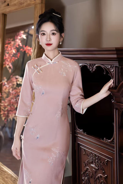 Women's Blue Floral Qipao Cheongsam Dress – Embroidered Winter – additional product view
