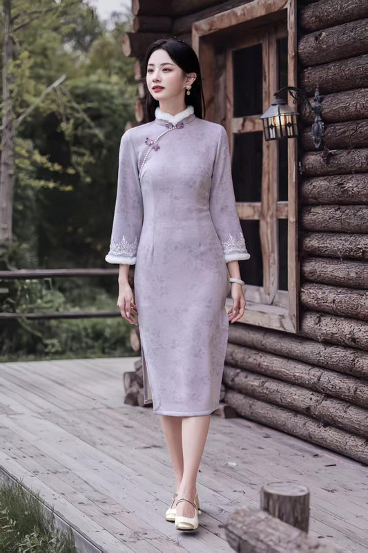 Women's Vintage Qipao Cheongsam Dress – Lilac Winter