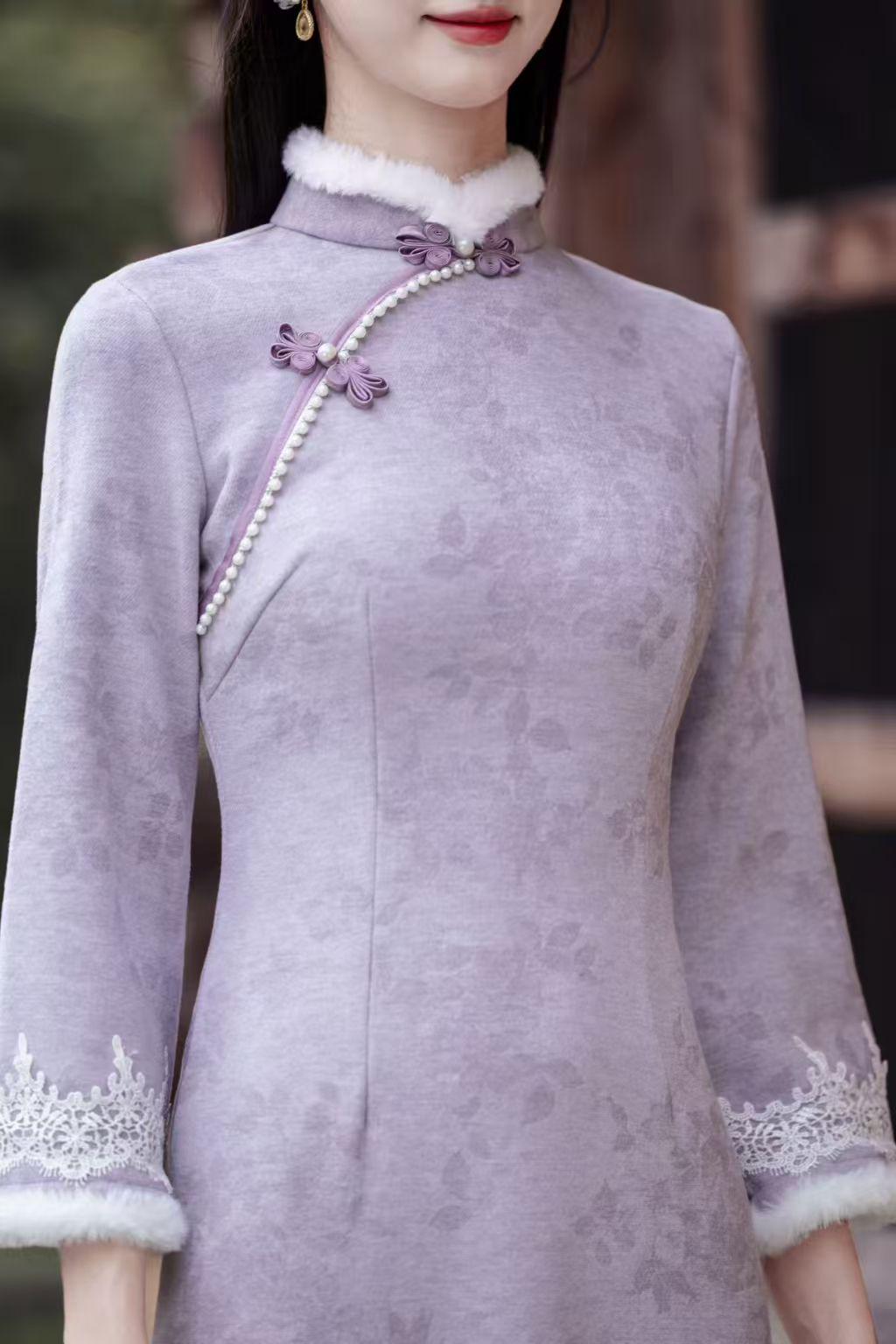 Women's Vintage Qipao Cheongsam Dress – Lilac Winter – additional product view