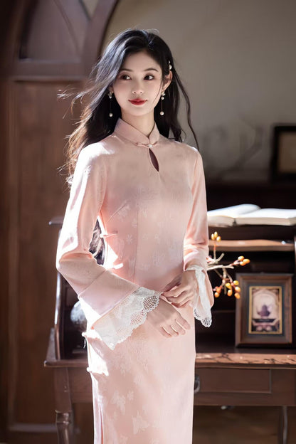 Pink Brocade Qipao Dress with Lace Cuffs – additional product view