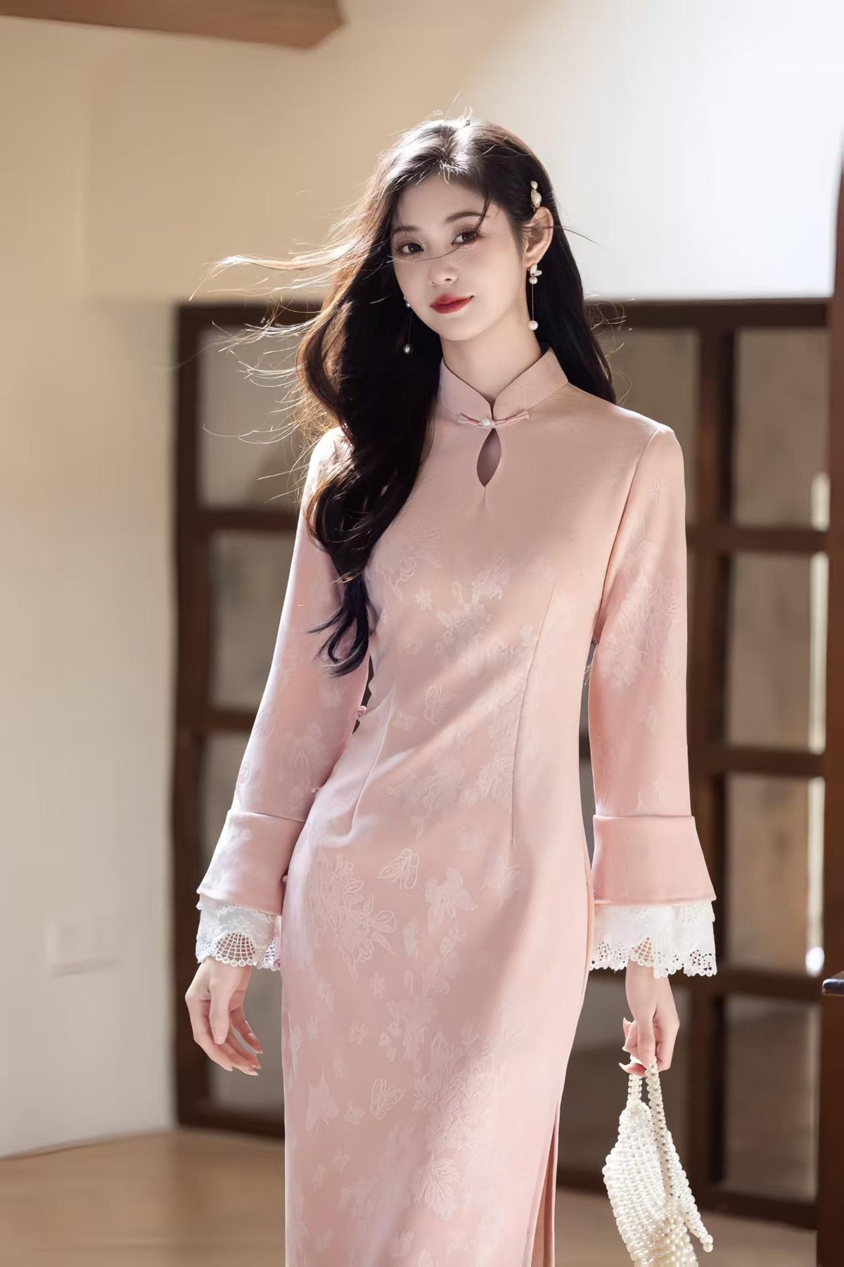 Pink Brocade Qipao Dress with Lace Cuffs – additional product view