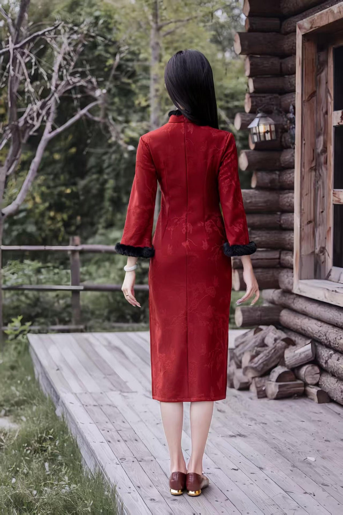 Women's Red Jacquard Qipao Cheongsam Dress – Winter – additional product view