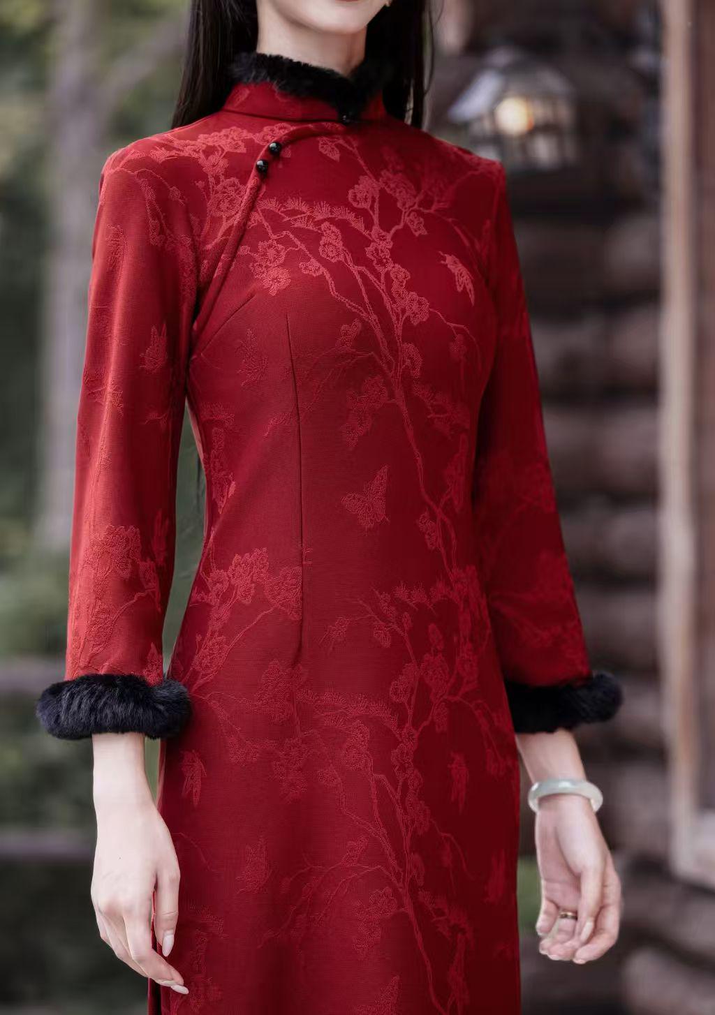 Women's Red Jacquard Qipao Cheongsam Dress – Winter – additional product view