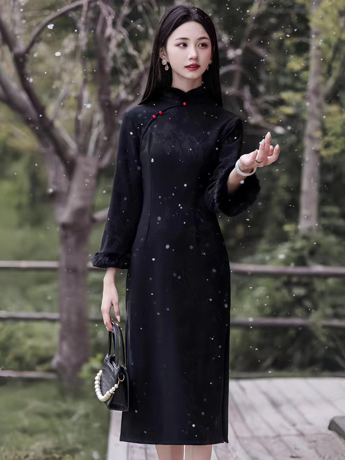 Women's Red Jacquard Qipao Cheongsam Dress – Winter – additional product view