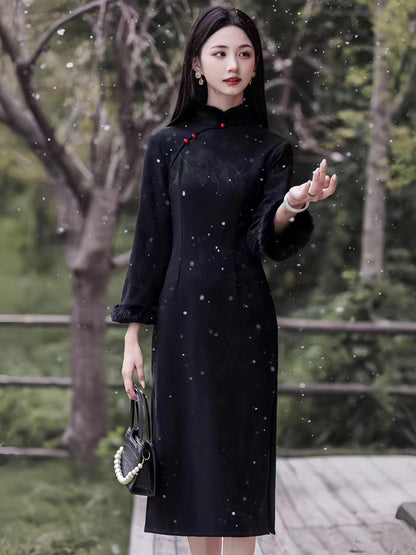 Women's Red Jacquard Qipao Cheongsam Dress – Winter – additional product view