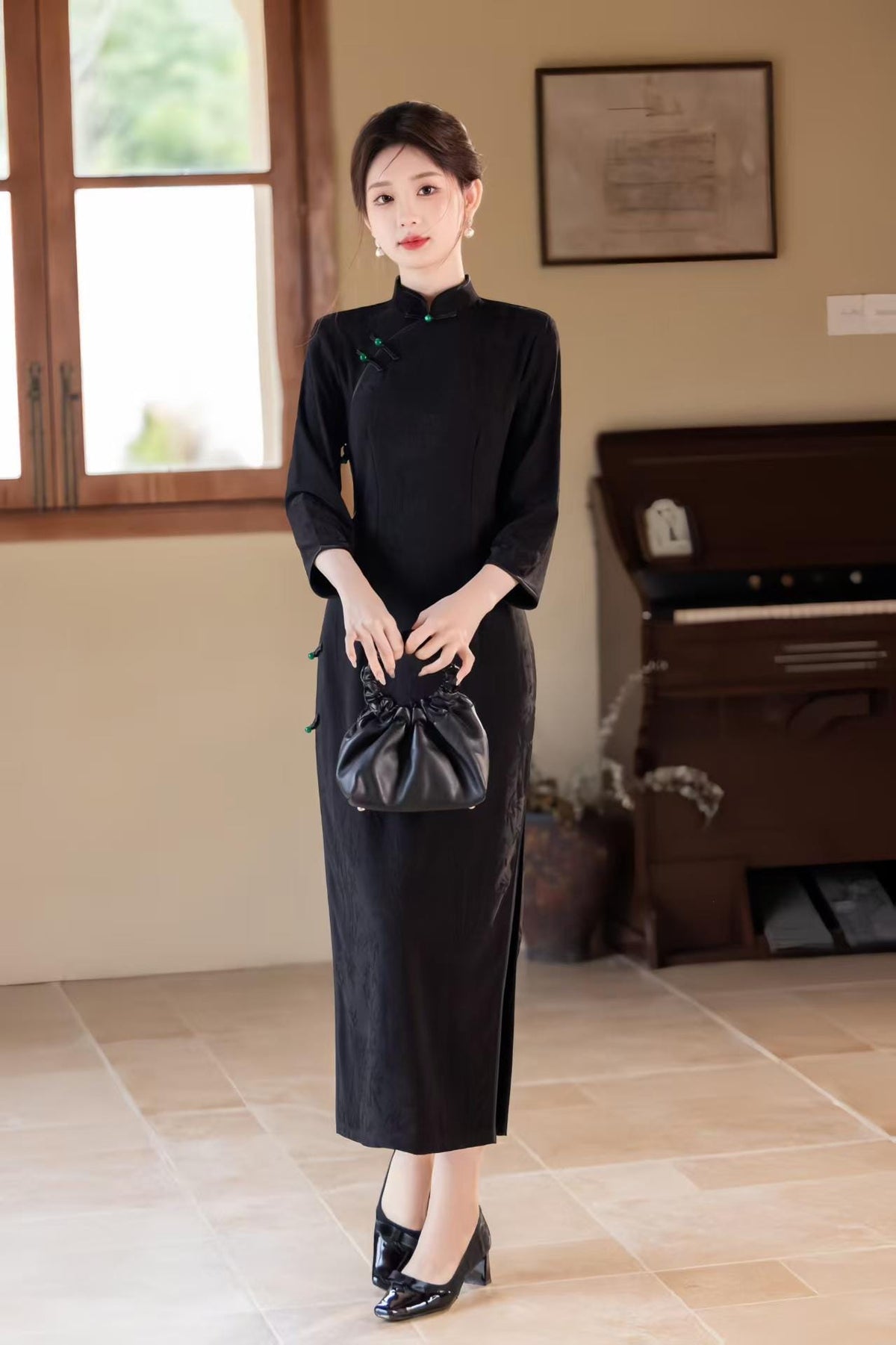 Women's Black Jacquard Qipao Cheongsam Dress – Midi Fitted – additional product view