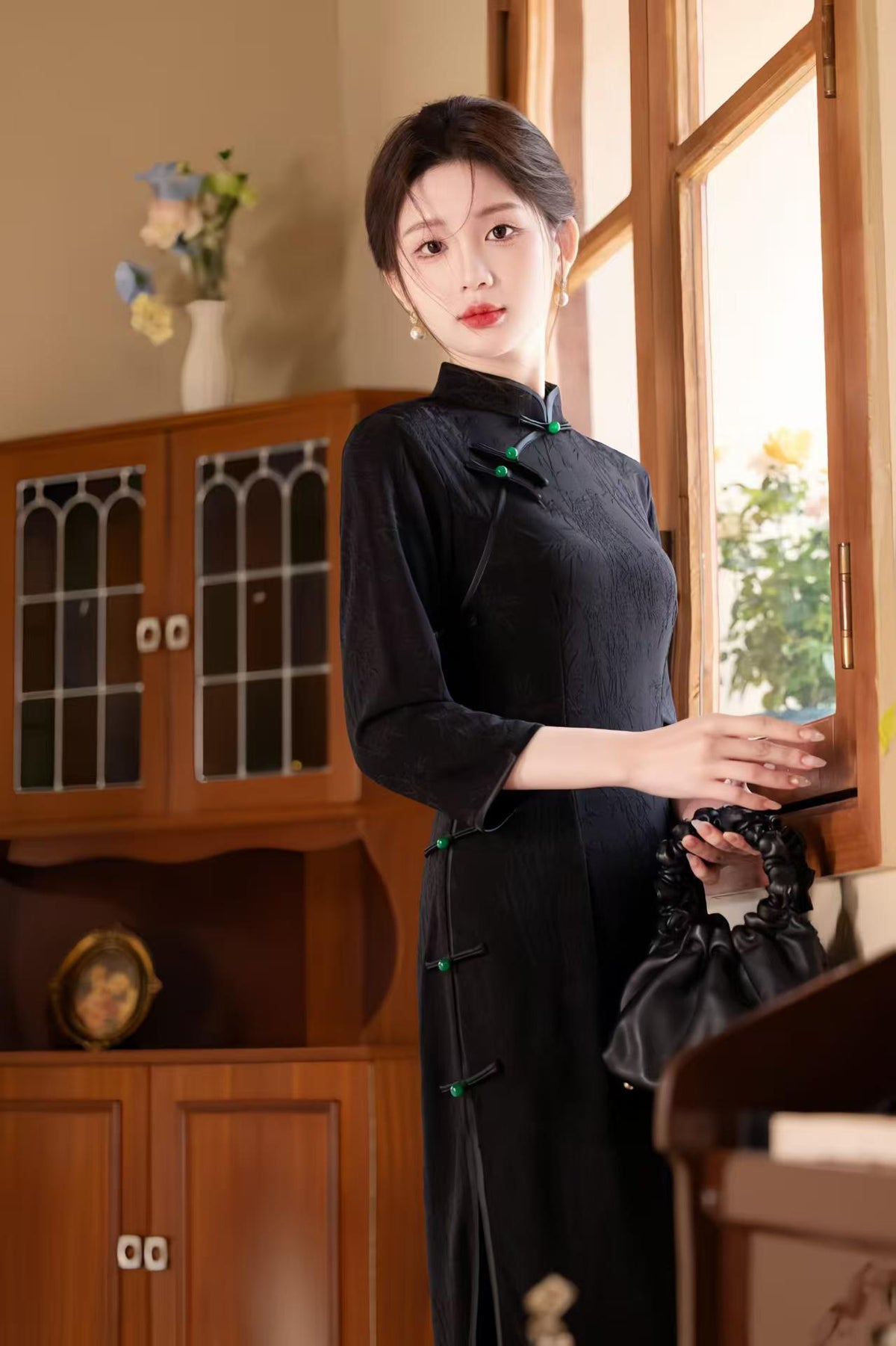 Women's Black Jacquard Qipao Cheongsam Dress – Midi Fitted – additional product view