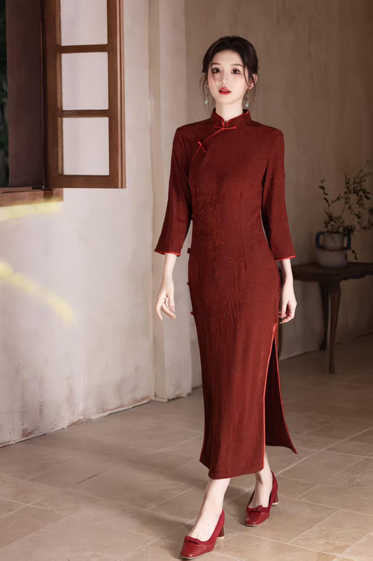 Women's Black Jacquard Qipao Cheongsam Dress – Midi Fitted