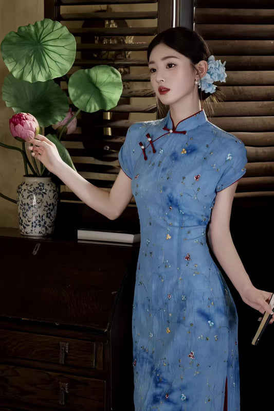 Women's Blue Floral Qipao Cheongsam Dress