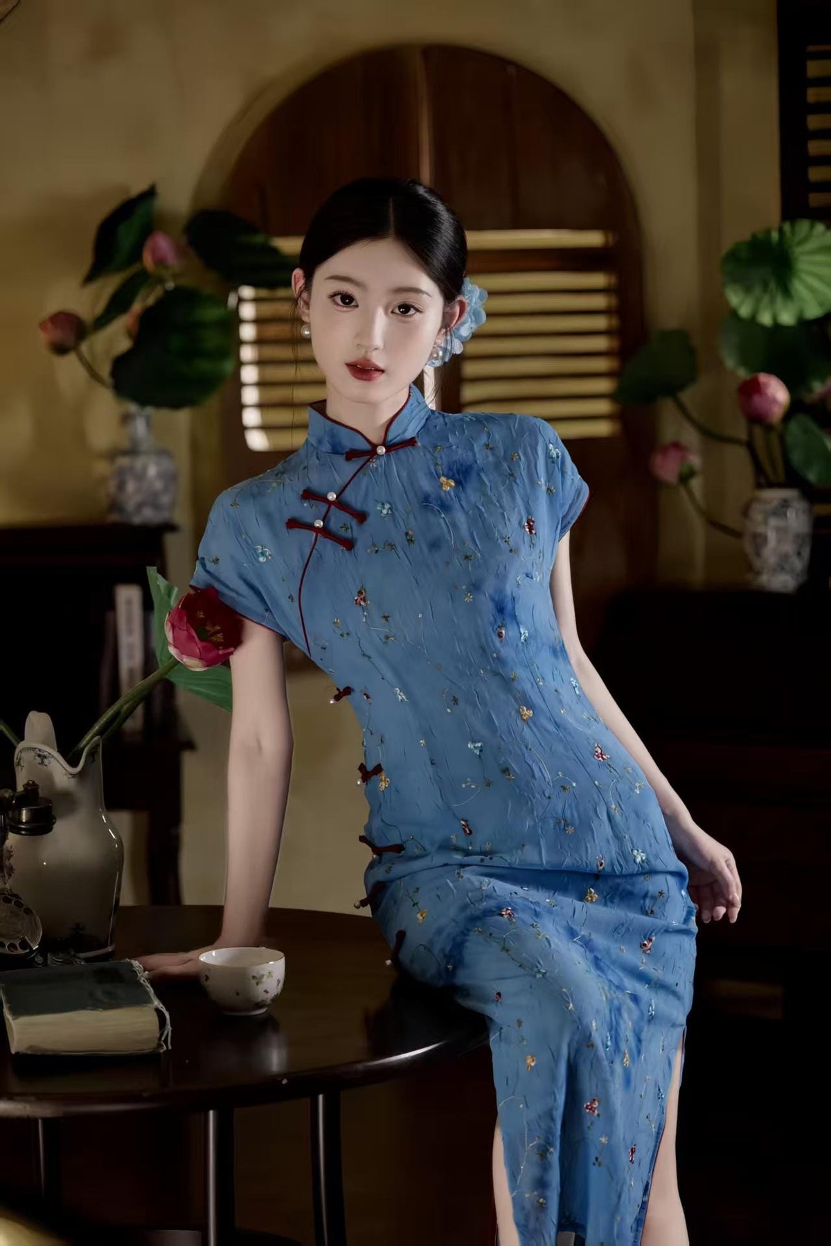 Women's Blue Floral Qipao Cheongsam Dress – additional product view