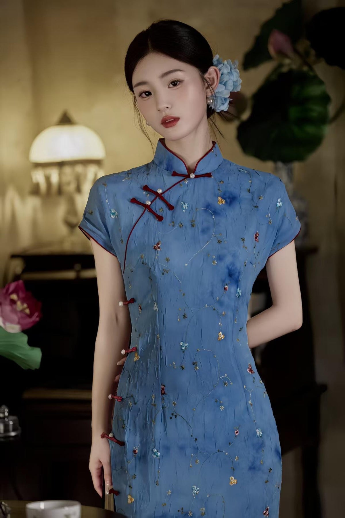 Women's Blue Floral Qipao Cheongsam Dress – additional product view