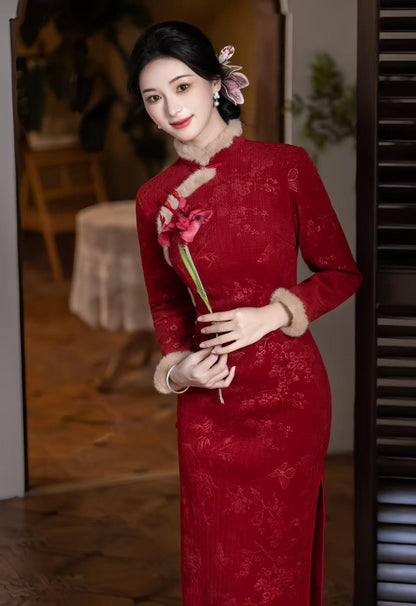 Women's Red Floral Velvet Qipao Cheongsam Dress – additional product view