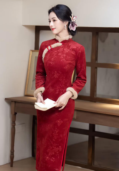 Women's Red Floral Velvet Qipao Cheongsam Dress – additional product view