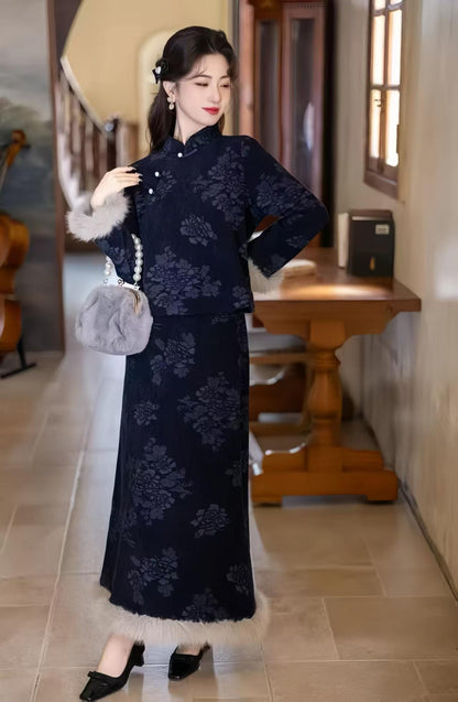 Women's Blue Vintage Qipao Cheongsam Dress – Chenille Maxi – additional product view