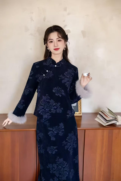 Women's Blue Vintage Qipao Cheongsam Dress – Chenille Maxi – additional product view
