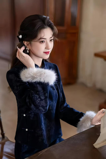 Women's Blue Vintage Qipao Cheongsam Dress – Chenille Maxi – additional product view