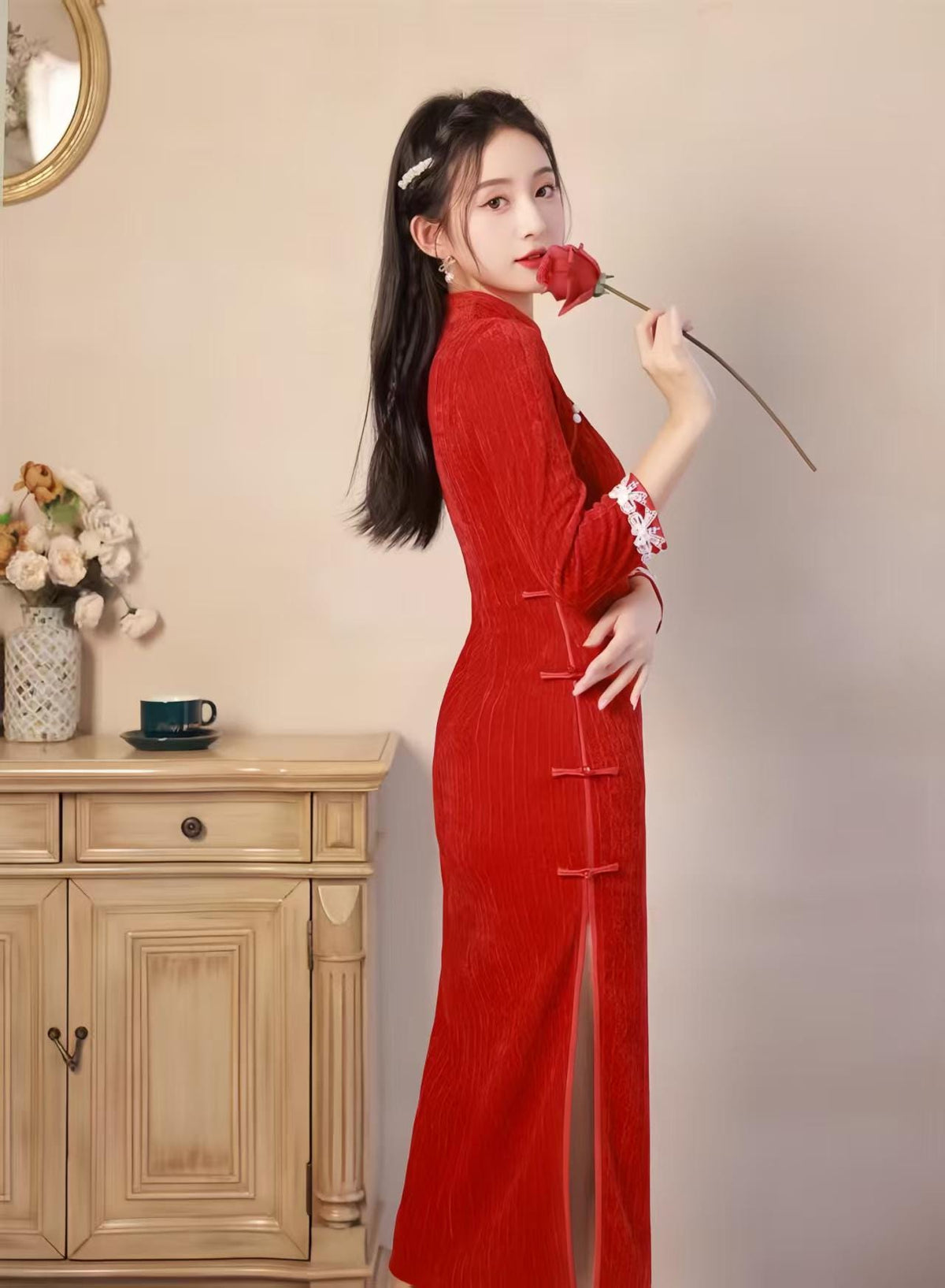 Women's Red Vintage Qipao Cheongsam Dress – Chenille Maxi – additional product view