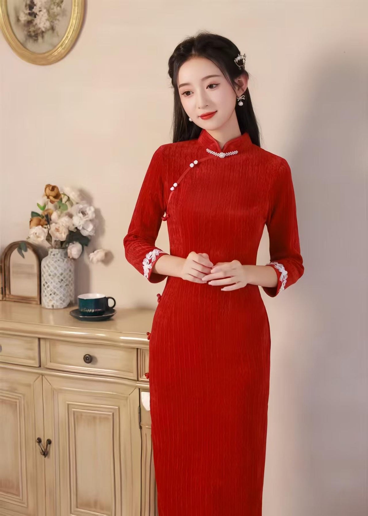 Women's Red Vintage Qipao Cheongsam Dress – Chenille Maxi – additional product view