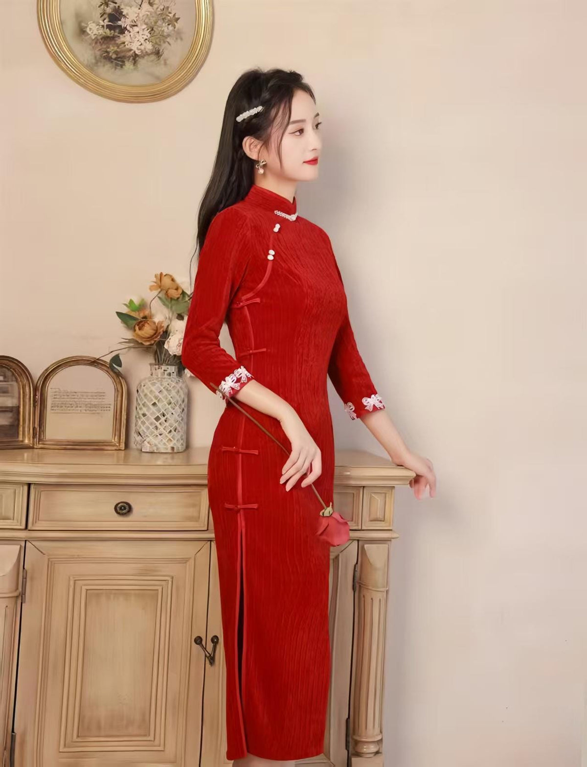 Women's Red Vintage Qipao Cheongsam Dress – Chenille Maxi – additional product view