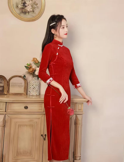 Women's Red Vintage Qipao Cheongsam Dress – Chenille Maxi – additional product view