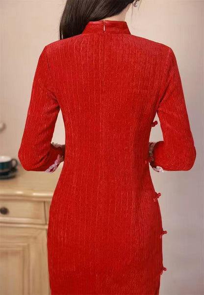 Women's Red Vintage Qipao Cheongsam Dress – Chenille Maxi – additional product view