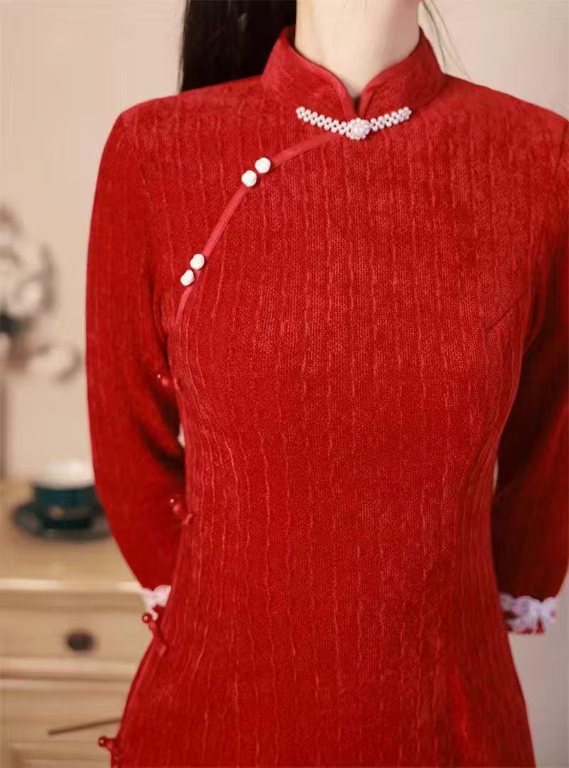 Women's Red Vintage Qipao Cheongsam Dress – Chenille Maxi – additional product view