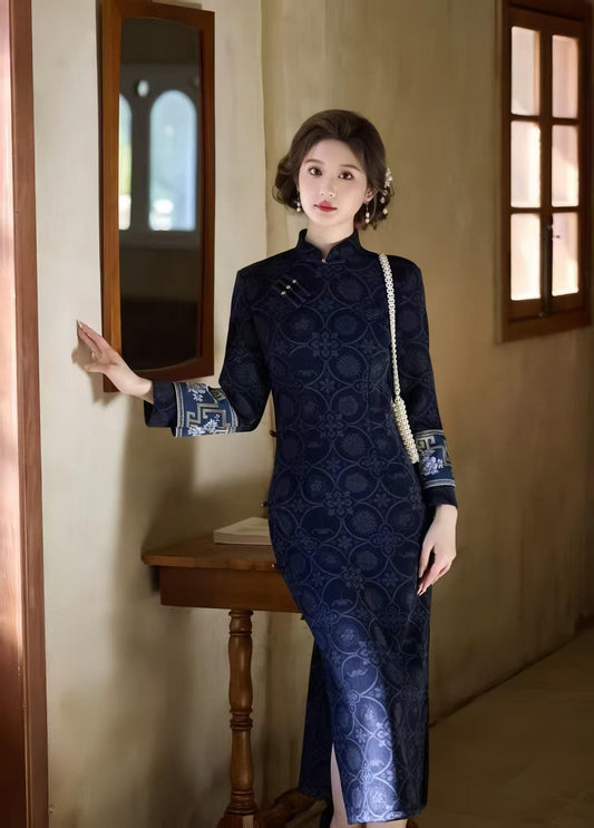 Women's Blue Vintage Qipao Cheongsam Dress – Jacquard Maxi