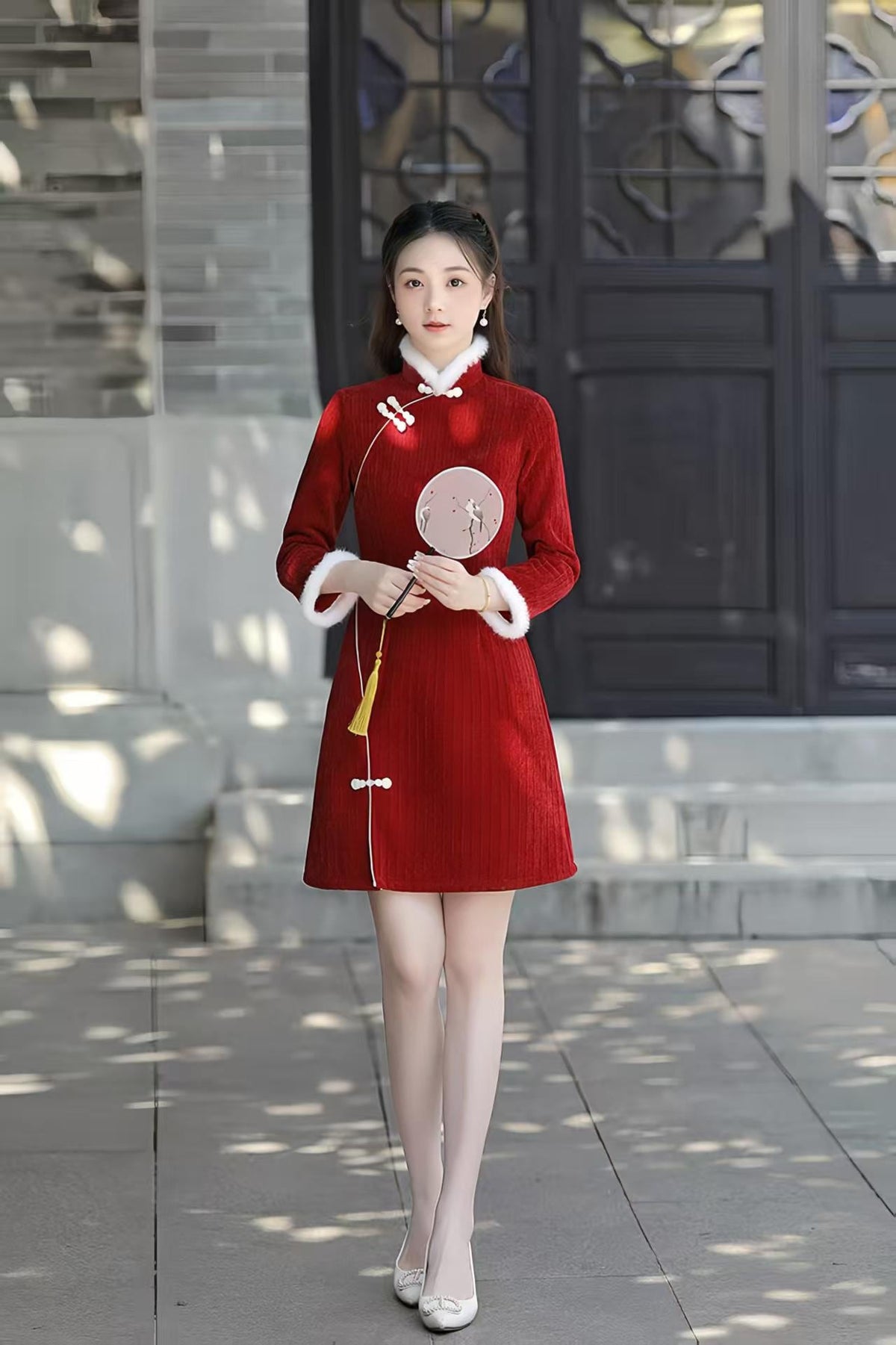 Women's Red Elegant Qipao Cheongsam Dress – Chenille Mandarin Collar