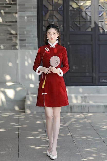 Women's Red Elegant Qipao Cheongsam Dress – Chenille Mandarin Collar