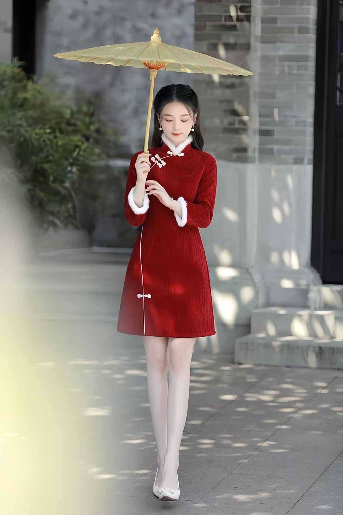 Women's Red Elegant Qipao Cheongsam Dress – Chenille Mandarin Collar – additional product view