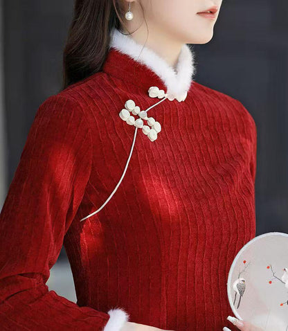 Women's Red Elegant Qipao Cheongsam Dress – Chenille Mandarin Collar – additional product view