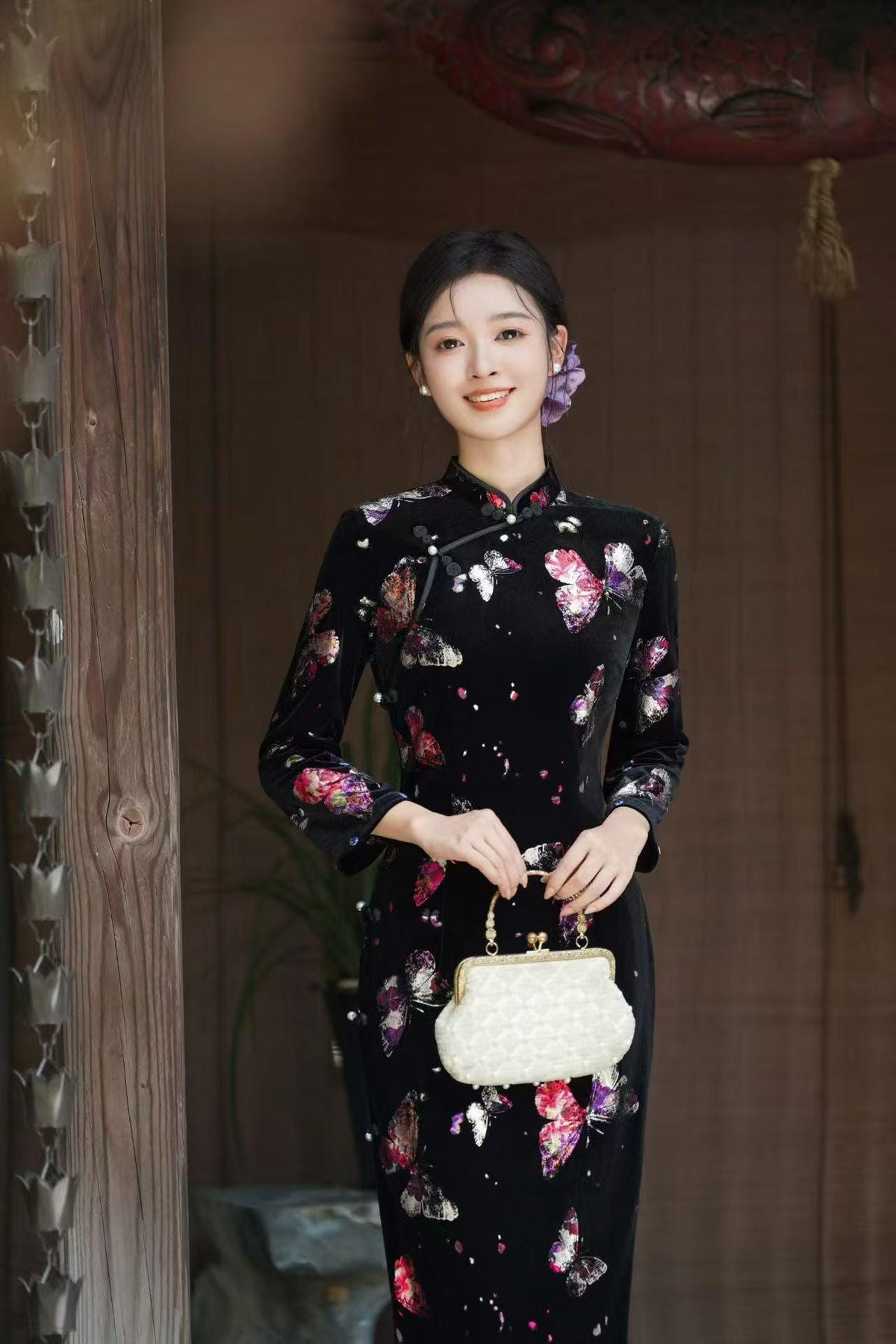 Women's Black Floral Velvet Qipao Cheongsam Dress – Long Sleeve Mandarin Collar – additional product view