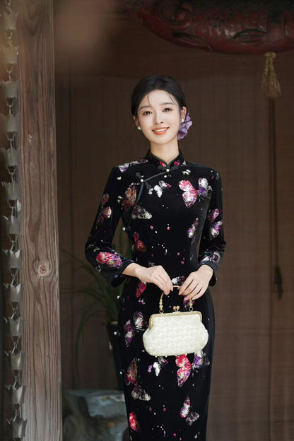 Women's Black Floral Velvet Qipao Cheongsam Dress – Long Sleeve Mandarin Collar – additional product view