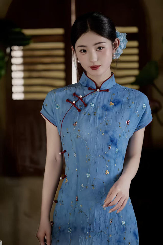 Women's Blue Floral Qipao Cheongsam Dress