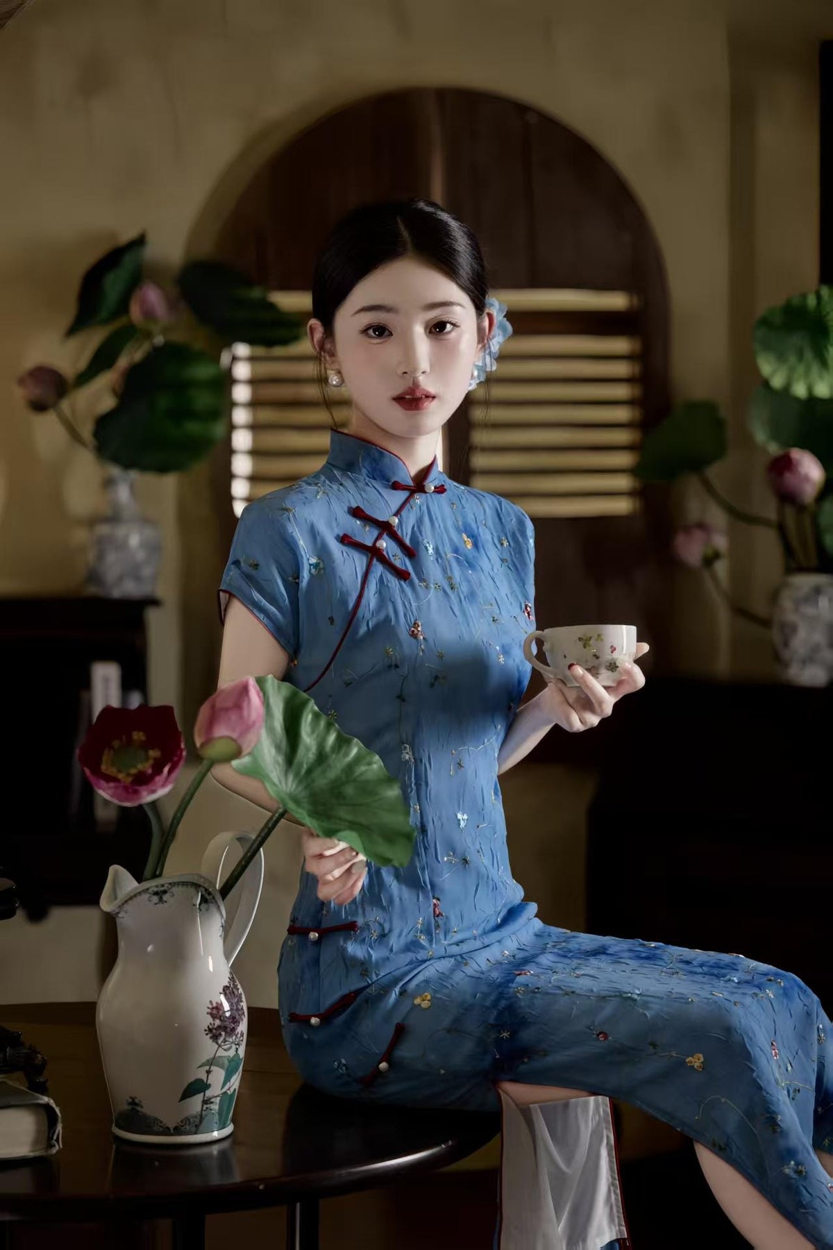 Women's Blue Floral Qipao Cheongsam Dress – additional product view