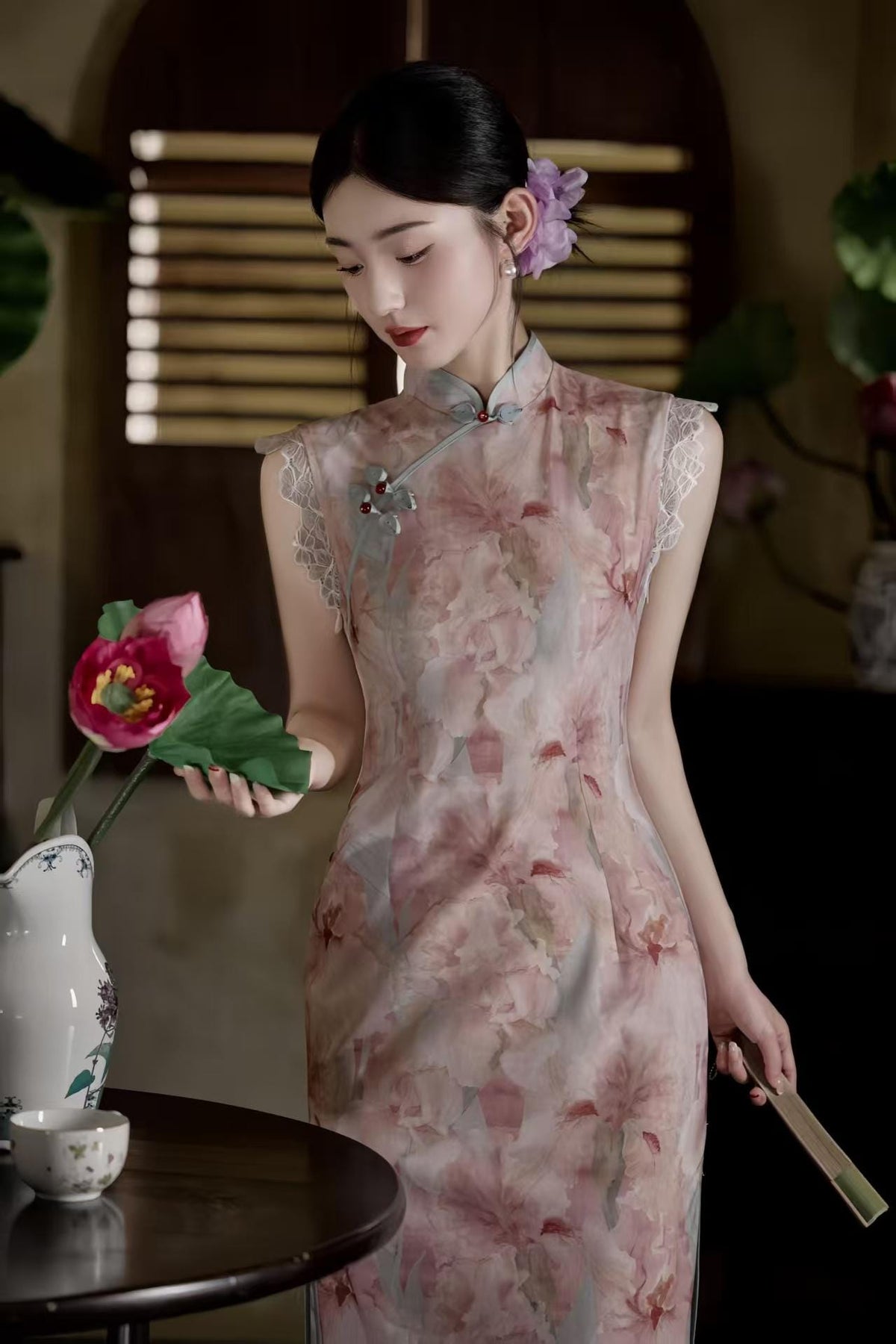 Women's Pink Floral Qipao Cheongsam Dress