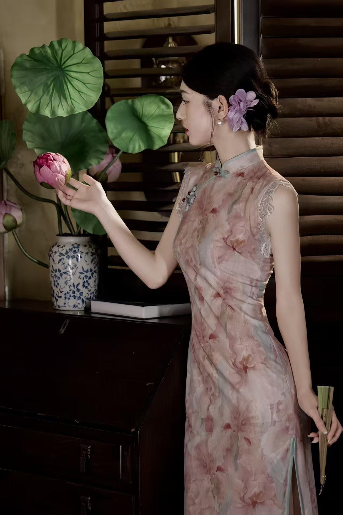 Women's Pink Floral Qipao Cheongsam Dress – additional product view