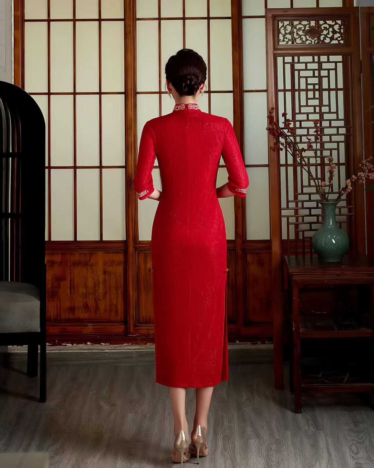 Women's Red Elegant Lace Qipao Cheongsam Dress – additional product view