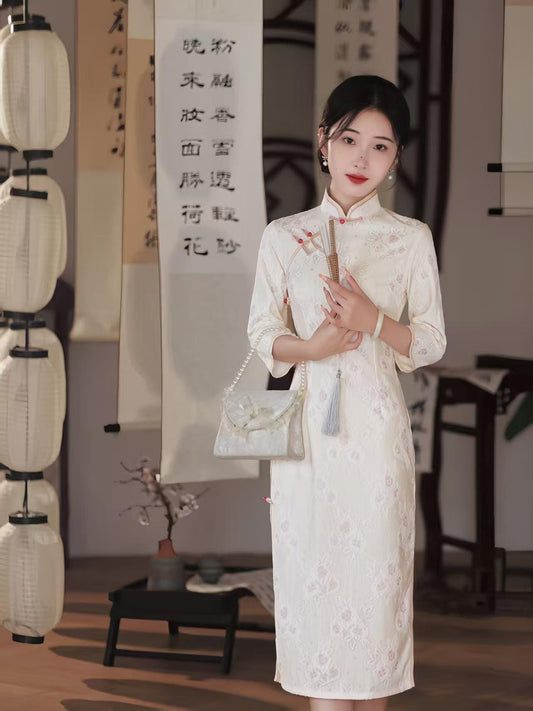 Women's White Floral Lace Qipao Cheongsam Dress