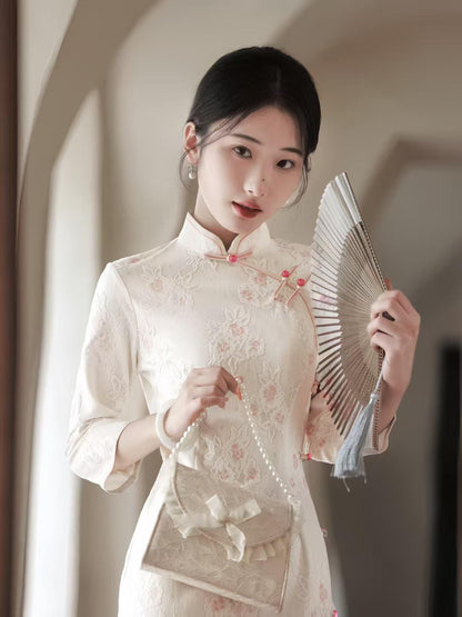 Women's White Floral Lace Qipao Cheongsam Dress – additional product view