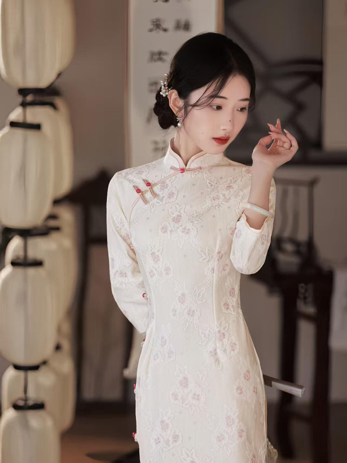 Women's White Floral Lace Qipao Cheongsam Dress – additional product view