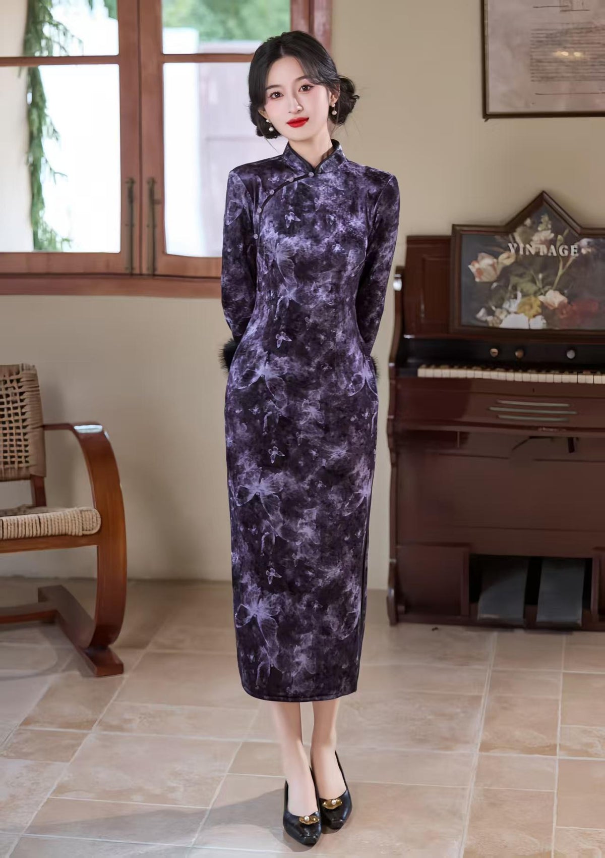 Women's Purple Floral Velvet Qipao Cheongsam Dress – Long Sleeve – additional product view