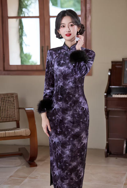 Women's Purple Floral Velvet Qipao Cheongsam Dress – Long Sleeve