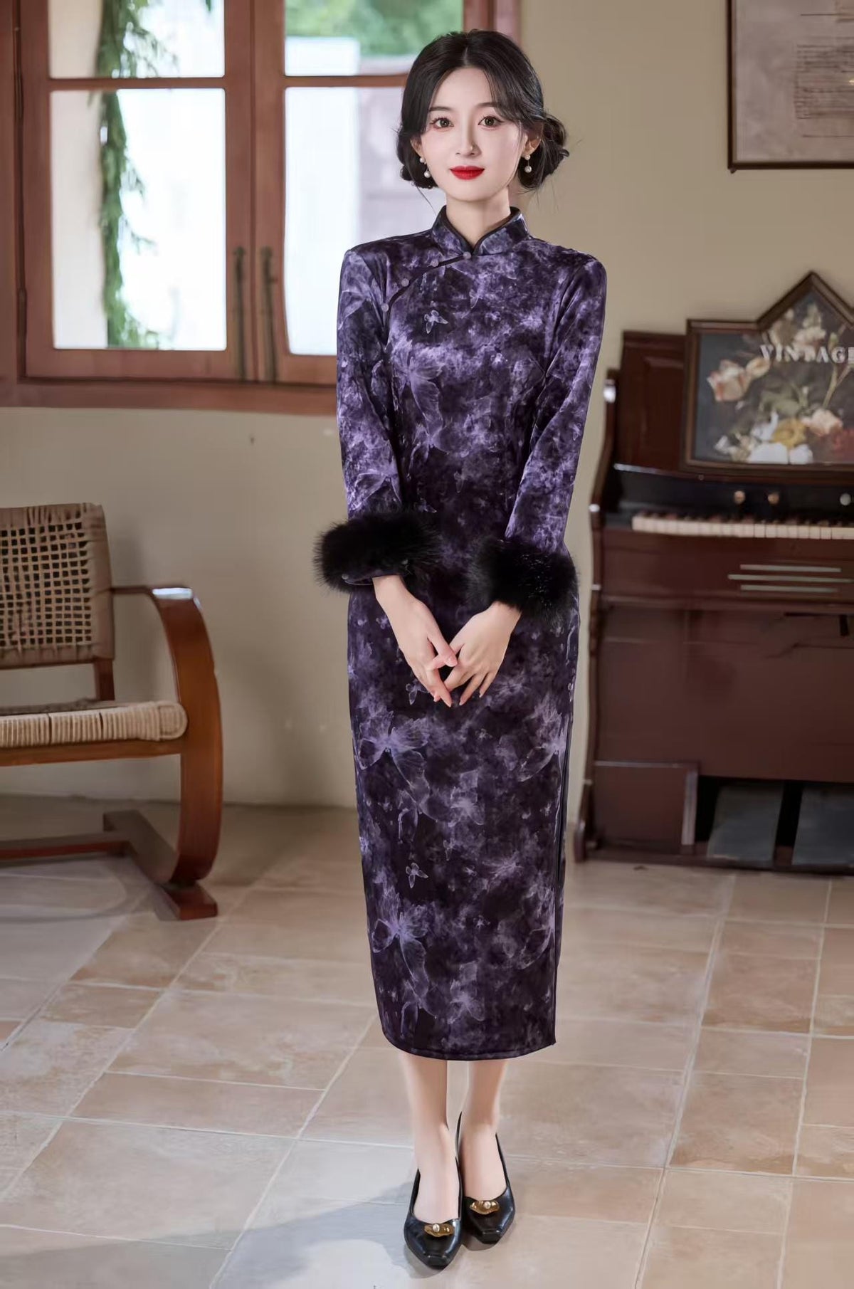 Women's Purple Floral Velvet Qipao Cheongsam Dress – Long Sleeve – additional product view